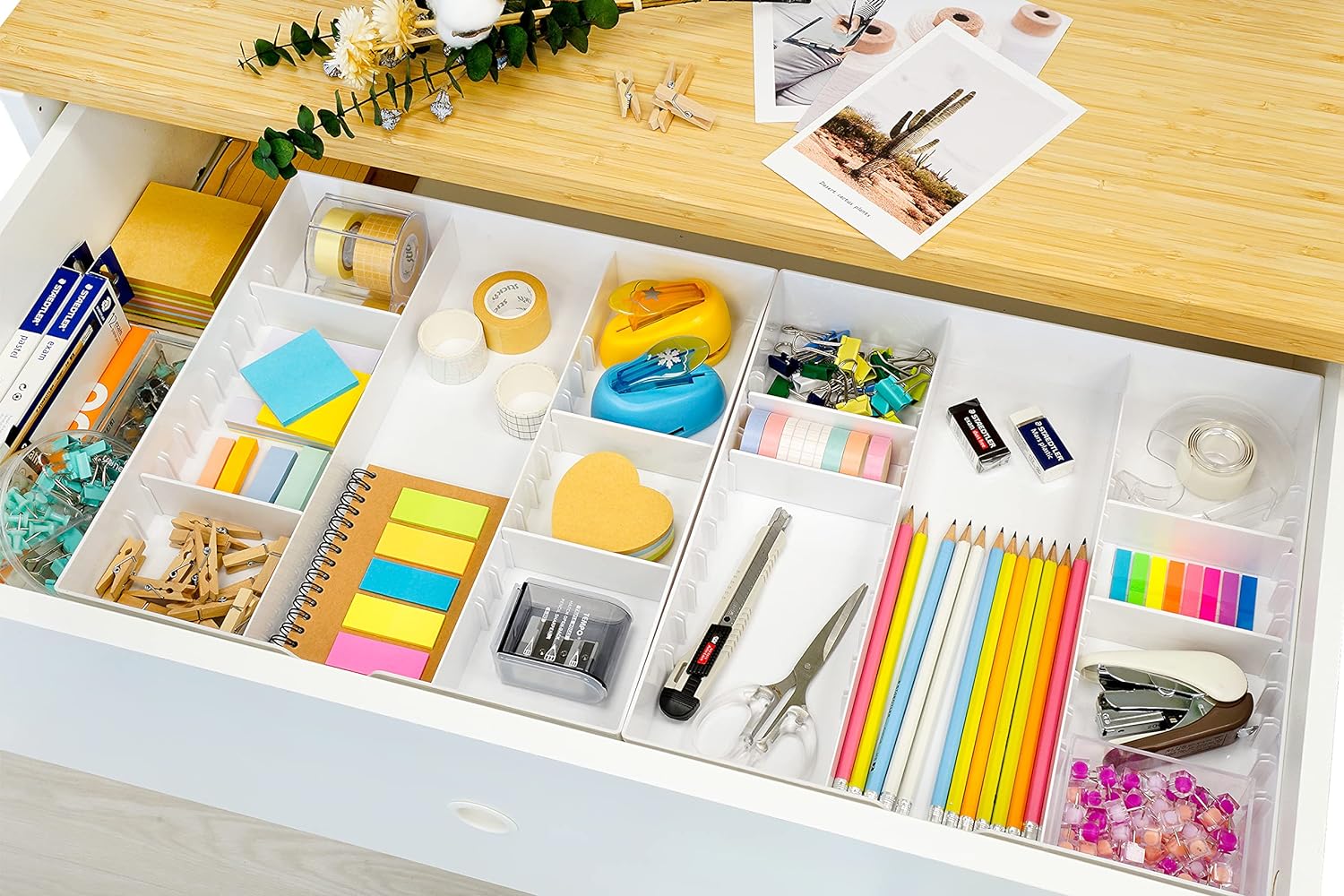 CAXXA 3 Slot Drawer Organizer with 4 Adjustable Dividers - Junk Drawer Storage for Makeup & Vanity, Office Desk Supplies and Accessories (WHITE, 1 PACK) - Image 3
